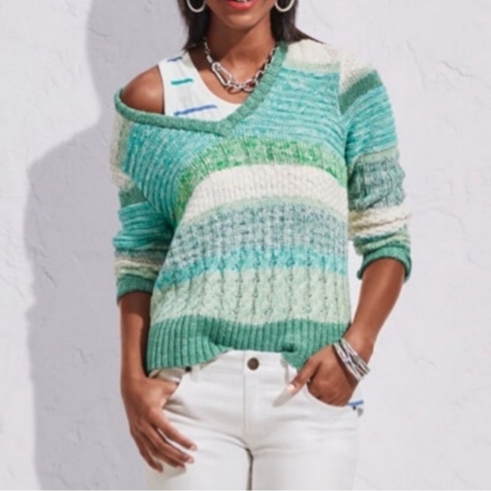 Cabi 6170 Green Teal Cream Mix Stitch V-Neck Pullover Size S
